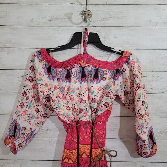 Girls Rare Editions Boho Chic Aztec Design Fuchsia Floral Cold-Shoulder Dress 7 - Picture 4 of 15